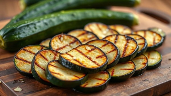 Spicy Asian zucchini slices on a rustic table with fresh herbs.