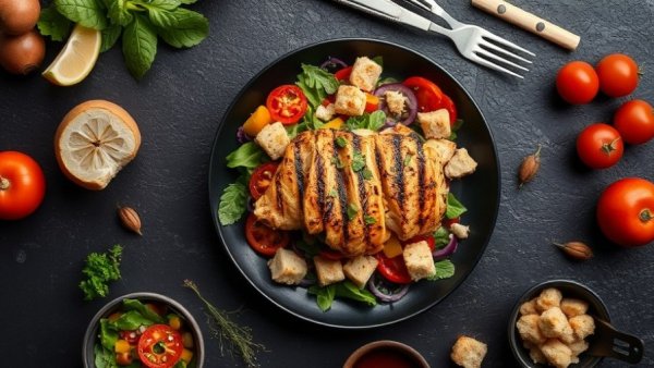Vibrant grilled chicken salad with croutons and vegetables on black plate.
