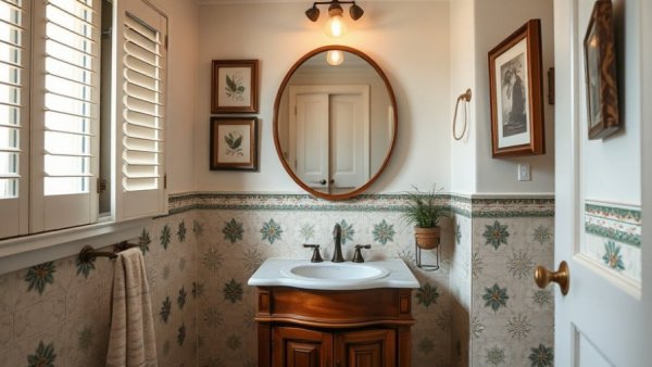 5x7 bathroom with wooden vanity and artistic tiles, remodel cost.