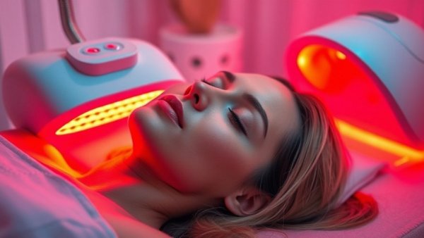 Red light therapy benefits and risks - woman receiving therapy, modern equipment glow.