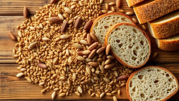 Variety of grains and bread on a rustic table, related to nutrition.