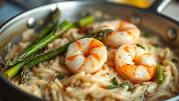 One pot risotto with shrimp and asparagus, appetizingly served.
