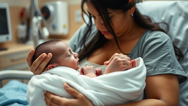 Tender newborn in hospital setting, mother's loving gaze.