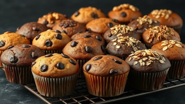 Colorful healthy muffin recipes arranged on cooling rack with varied toppings.
