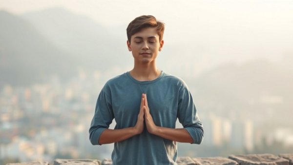 Young person meditating over foggy cityscape, illustrating religion and health impact.