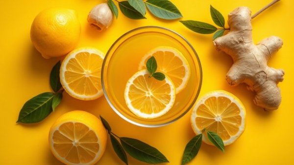Lemon and ginger tea for natural cold remedies on a yellow background.