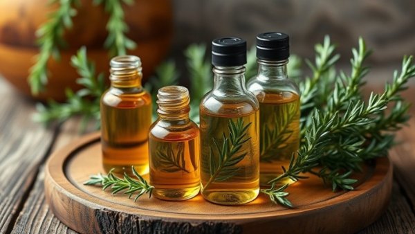 Aromatic essential oils and rosemary showcasing benefits of essential oils.