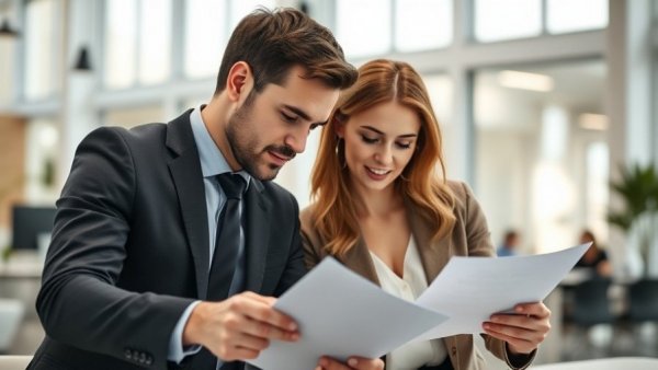 Professionals collaborating in office, real estate advice for buyers.