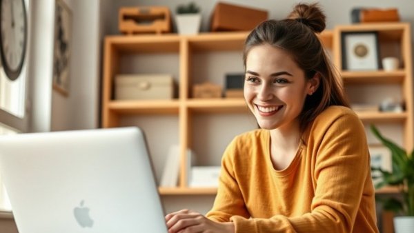 Smiling young professional using a laptop in a bright office, TechSoup Quad for Nonprofits.