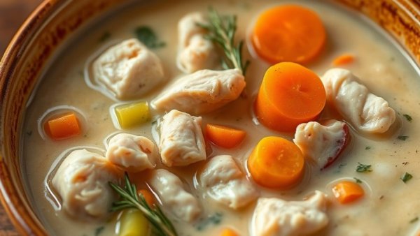 High-protein creamy chicken soup with colorful vegetables in a bowl.