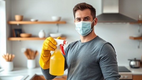Man in mask and gloves holds cleaning spray, bright kitchen.