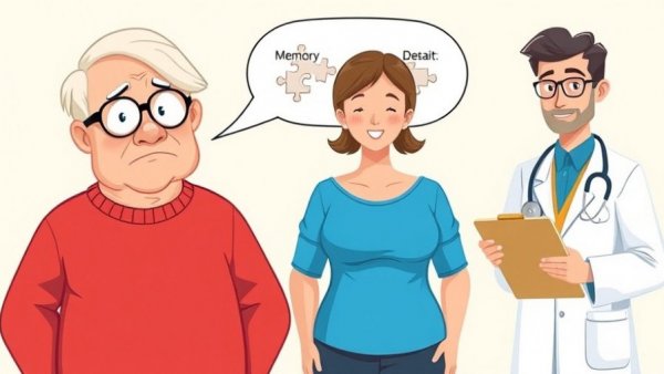 Cartoon of assisted living for dementia patients, elderly man with family and doctor.