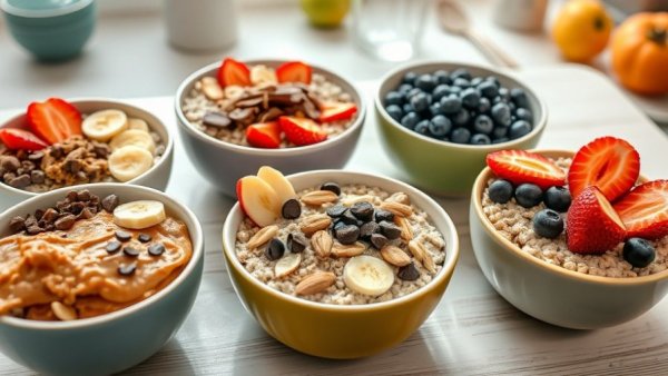Colorful oatmeal bowls with diverse toppings showcasing how to make oatmeal.