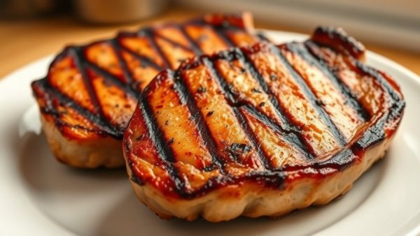 Grilled pork chops recipe with char marks on a white plate.