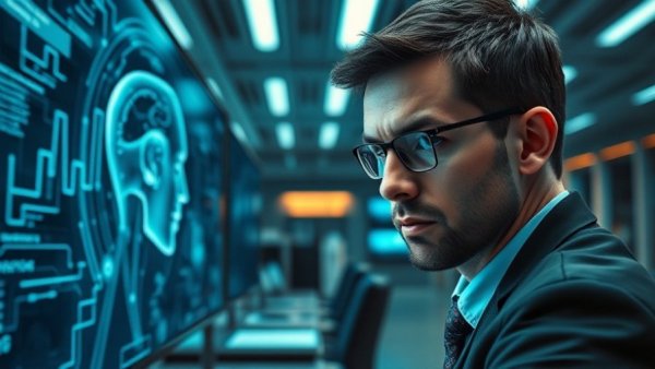 AI reshaping careers: Office worker confronts AI hologram in a modern office.