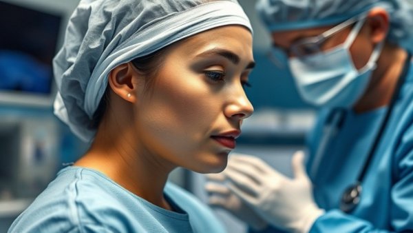 Woman in surgical prep for breast surgery recovery tips, clinical setting.