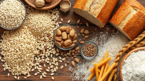 Assorted grains and bread on wooden table, highlighting natural textures.