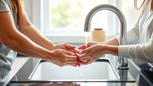 Hands being washed under faucet in a bright kitchen setting.
