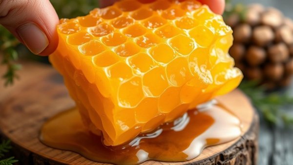 Close-up of honeycomb on a wooden board, Science Behind Organic Honey Production.