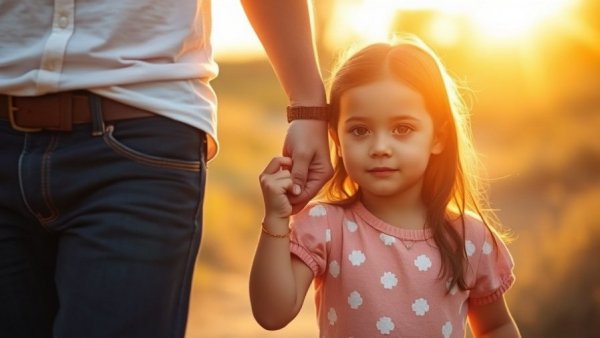 Child custody laws concept image with child holding parent's hand outdoors.