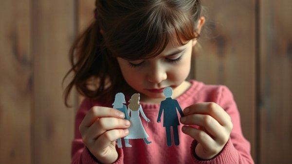 Young girl holding torn paper parents, illustrating how to handle divorce with kids.