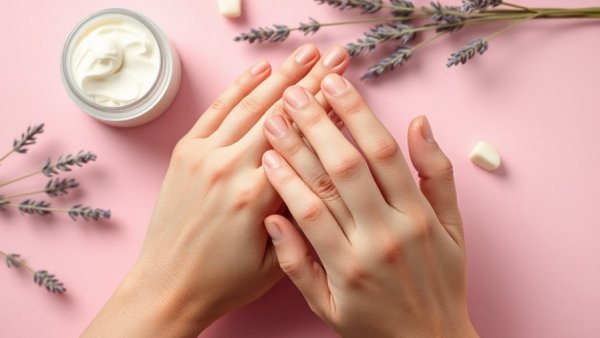 Impact of seasons on eczema: hands applying cream, lavender.