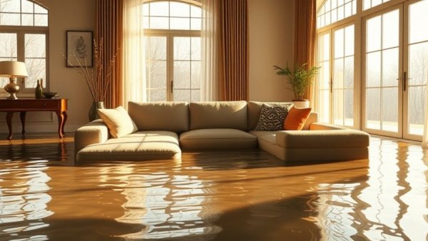 Emergency Water Damage Cleanup in flooded living room with beige sofa.