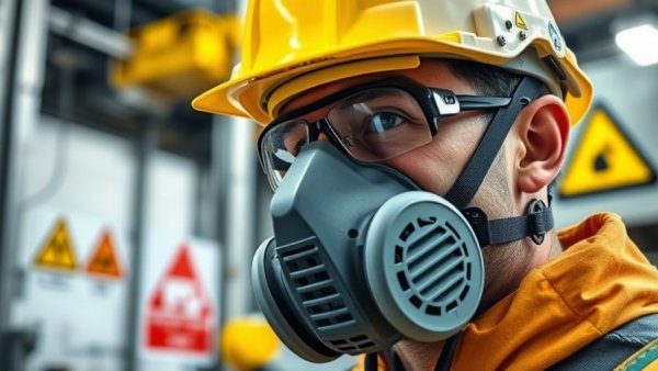 Worker with respiratory protection mask in industrial setting.
