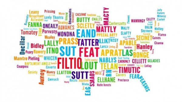 Colorful word cloud of U.S. states, diverse and dynamic.