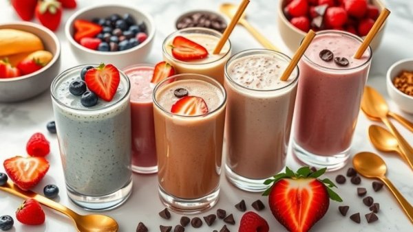 Colorful protein shakes with fruits and chocolate chips.