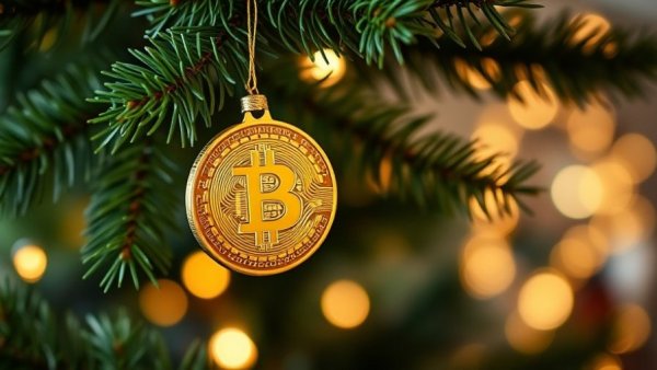 Golden Bitcoin ornament on pine tree, symbolizing Bitcoin mining and renewable energy.