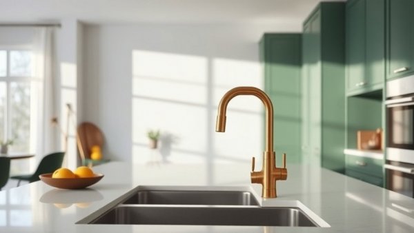 Modern kitchen with brass tap and green cabinets