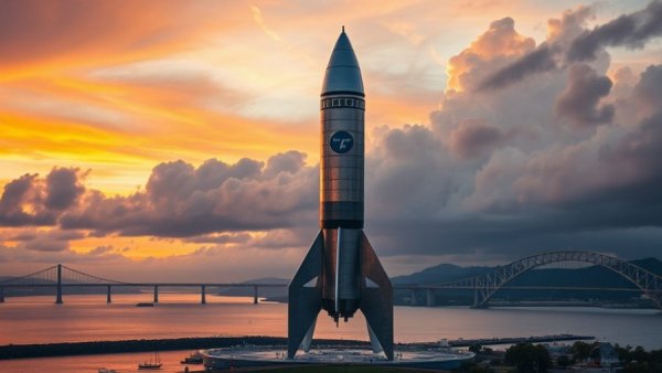 Arts nonprofit Five Ton Crane rocket sculpture by bay at sunset.