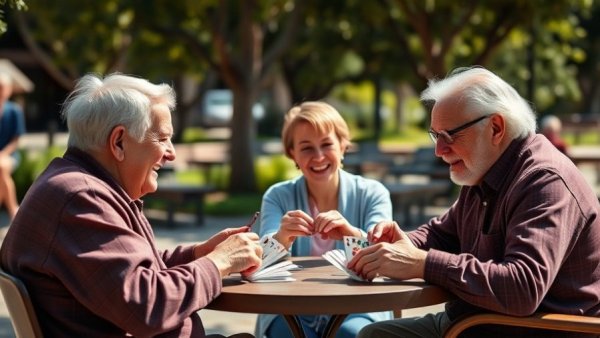 Seniors thriving in community living, playing cards outdoors.