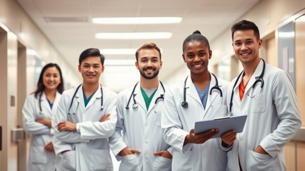 Team of young residency doctors in a hospital setting.