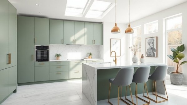 Modern kitchen design featuring green cabinets and a skylight.