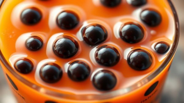 Colorful bubble tea close-up with tapioca pearls.