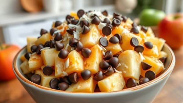 Creamy apple salad with chocolate chips in a bowl.