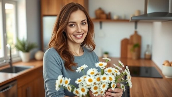 Smiling woman arranging flowers in kitchen - Spring Home Wellness Tips.