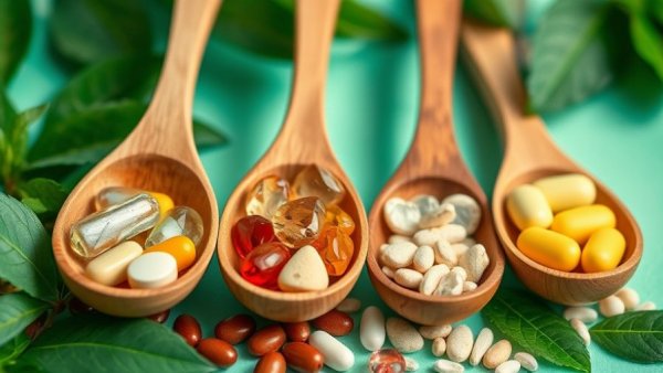Supplements for diabetes management displayed in wooden spoons.