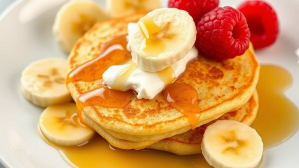 Mini Banana Greek Yogurt Pancakes with fruit and syrup on a white plate.