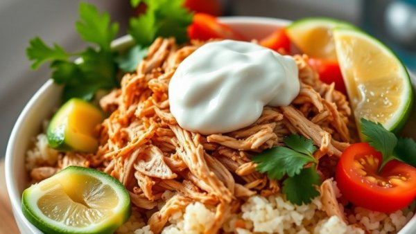 Easy Chicken Tinga Recipe: Colorful bowl with rice and toppings.