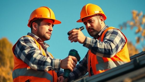 Emergency roof replacement after storm damage with a worker on steel roof.