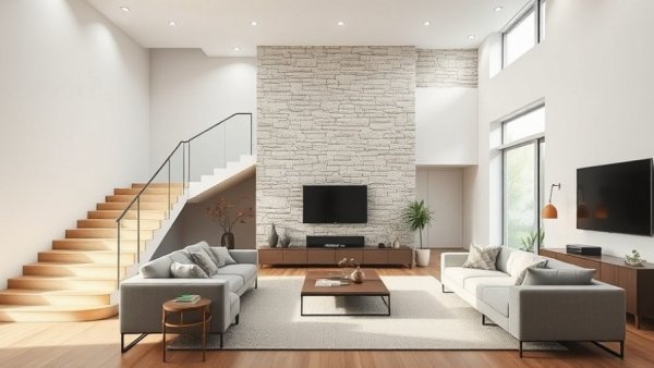 Stylish modern living room with stone wall and stairs, highlighting inexpensive home staging tips.