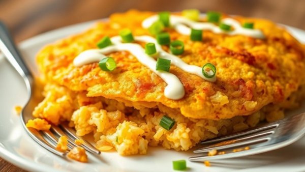 Appetizing crispy fried rice omelette with garnishes.