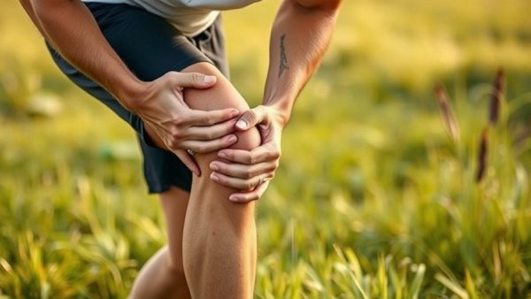 Manage your joint pain, person holding knee in a grassy field.