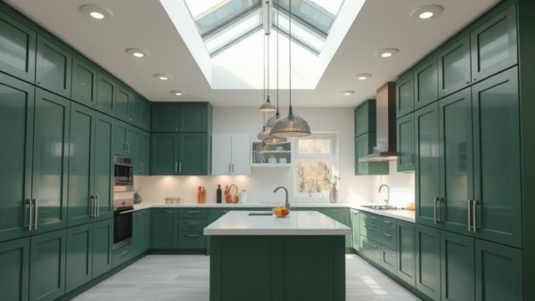 Elegant modern kitchen design with green cabinets and skylight.