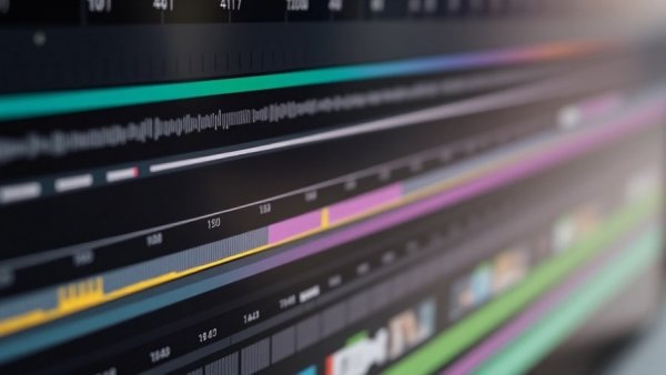 Close-up of video editing software, showing timeline of community show openers.