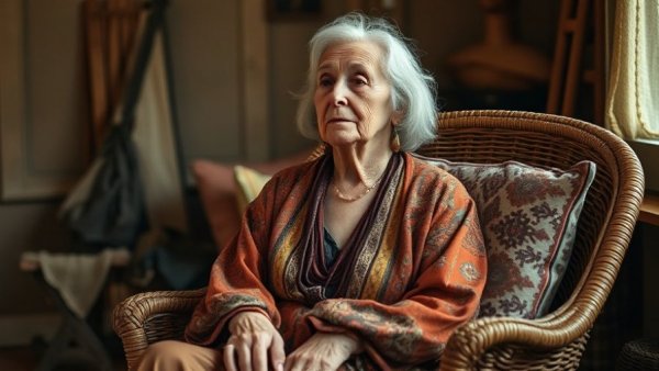 Relaxed older woman enjoying bohemian decor reflecting spring home refresh trends.