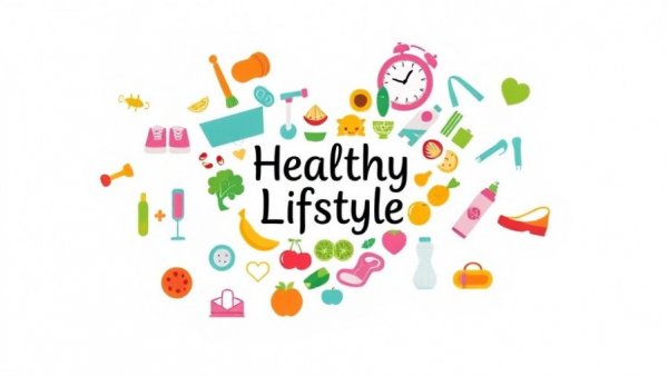 Illustrated heart-shaped collage of healthier lifestyle tips with icons.